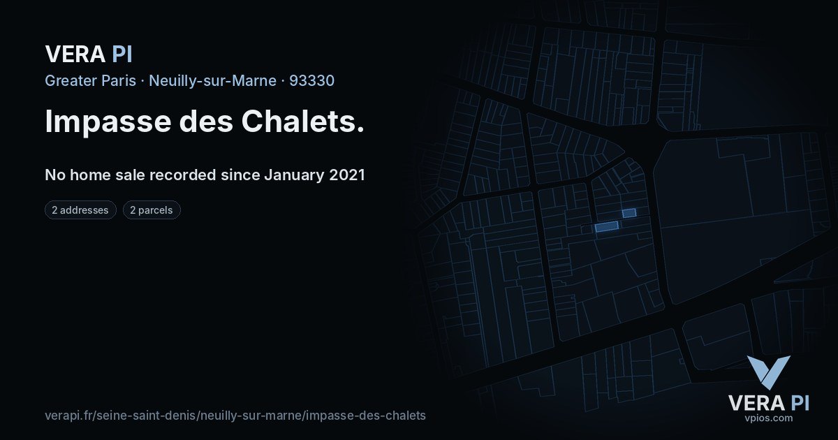 Impasse des Chalets, Neuilly-sur-Marne at night – every parcel coloured by the prices around it, the street's own parcels lit