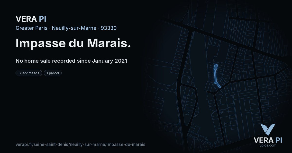 Impasse du Marais, Neuilly-sur-Marne at night – every parcel coloured by the prices around it, the street's own parcels lit