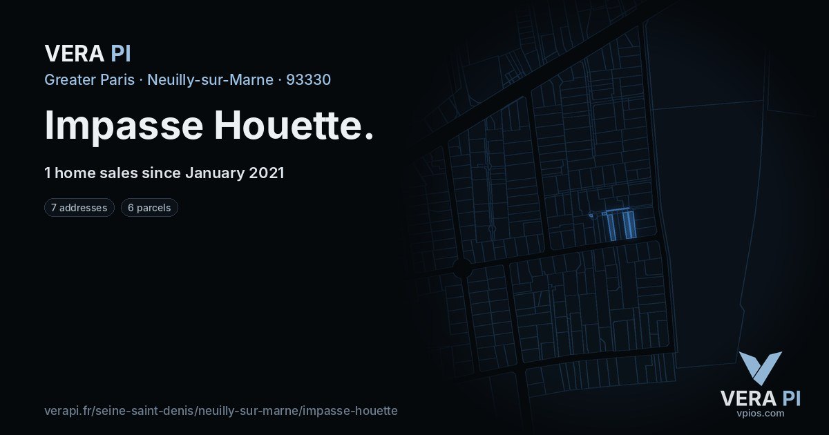 Impasse Houette, Neuilly-sur-Marne at night – every parcel coloured by the prices around it, the street's own parcels lit
