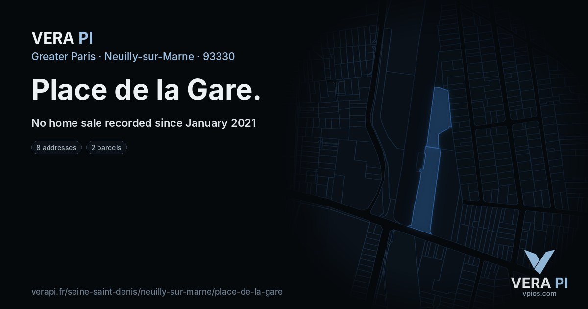 Place de la Gare, Neuilly-sur-Marne at night – every parcel coloured by the prices around it, the street's own parcels lit