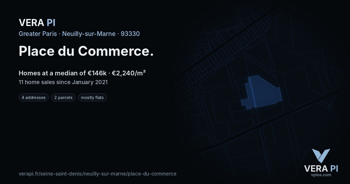 Place du Commerce, Neuilly-sur-Marne at night – every parcel coloured by the prices around it, the street's own parcels lit