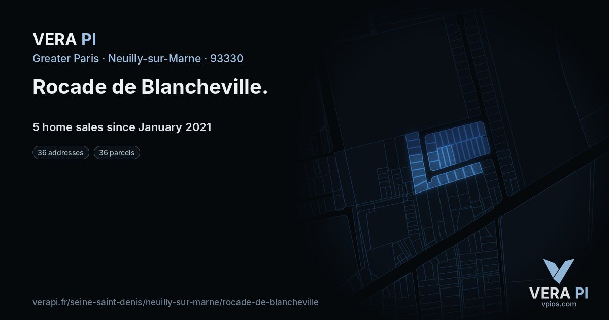 Rocade de Blancheville, Neuilly-sur-Marne at night – every parcel coloured by the prices around it, the street's own parcels lit