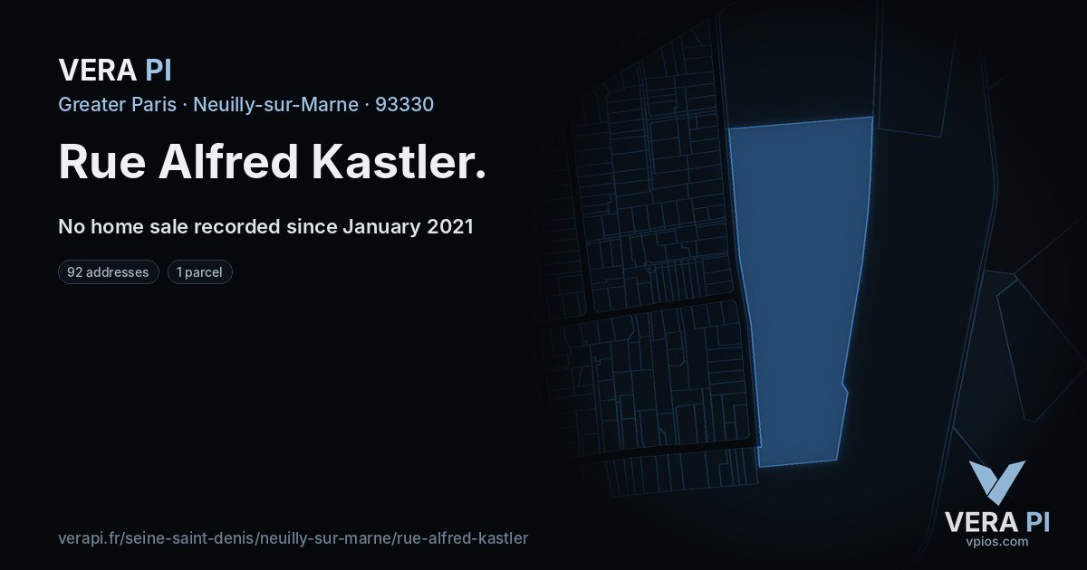 Rue Alfred Kastler, Neuilly-sur-Marne at night – every parcel coloured by the prices around it, the street's own parcels lit