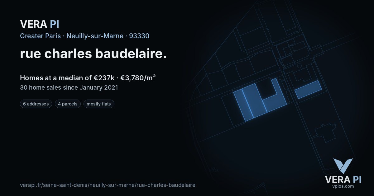 rue charles baudelaire, Neuilly-sur-Marne at night – every parcel coloured by the prices around it, the street's own parcels lit