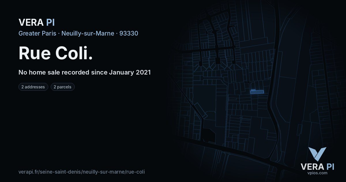 Rue Coli, Neuilly-sur-Marne at night – every parcel coloured by the prices around it, the street's own parcels lit