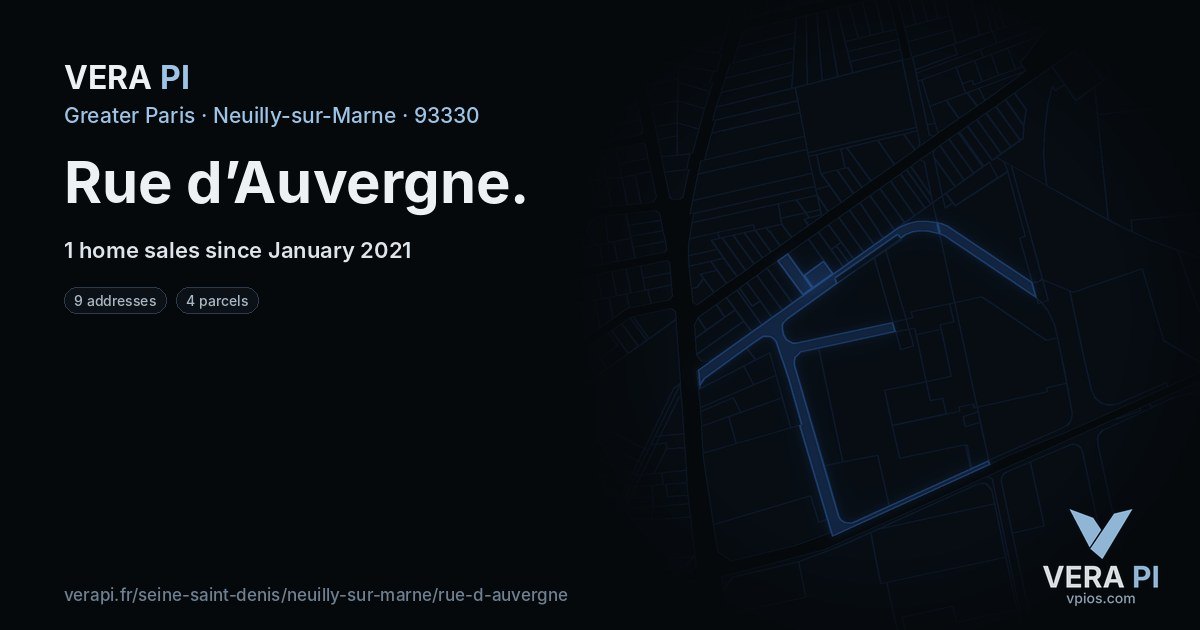 Rue d’Auvergne, Neuilly-sur-Marne at night – every parcel coloured by the prices around it, the street's own parcels lit