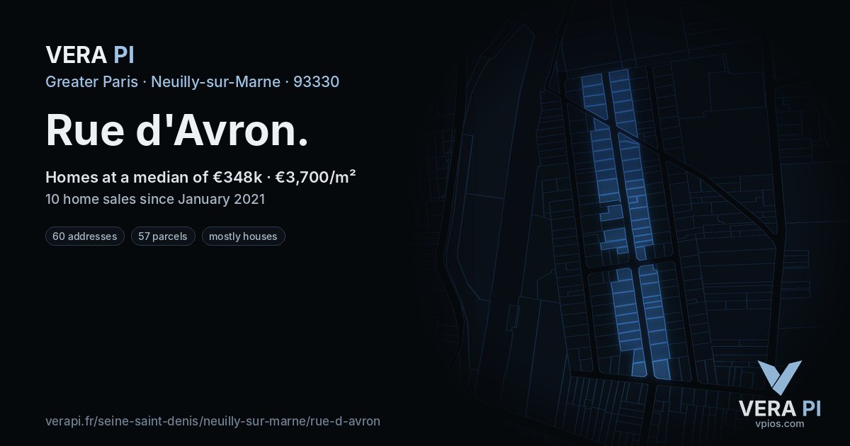 Rue d'Avron, Neuilly-sur-Marne at night – every parcel coloured by the prices around it, the street's own parcels lit
