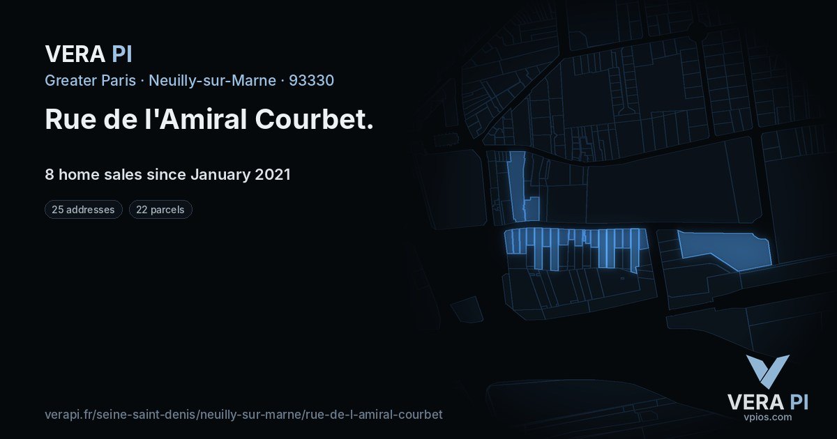 Rue de l'Amiral Courbet, Neuilly-sur-Marne at night – every parcel coloured by the prices around it, the street's own parcels lit