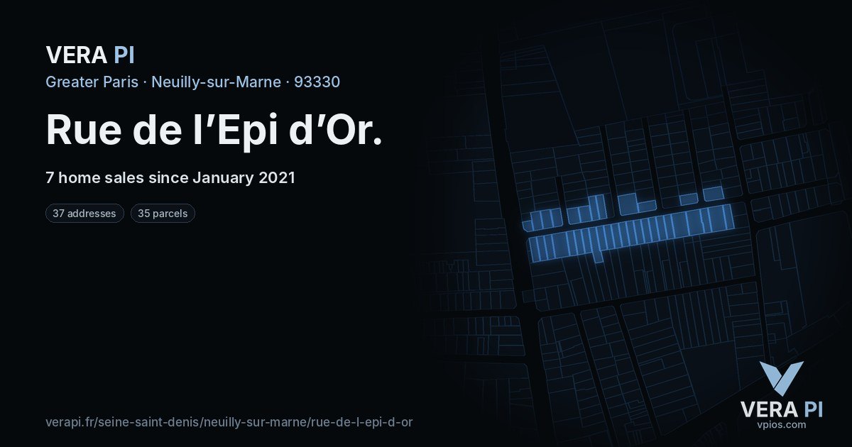 Rue de l’Epi d’Or, Neuilly-sur-Marne at night – every parcel coloured by the prices around it, the street's own parcels lit