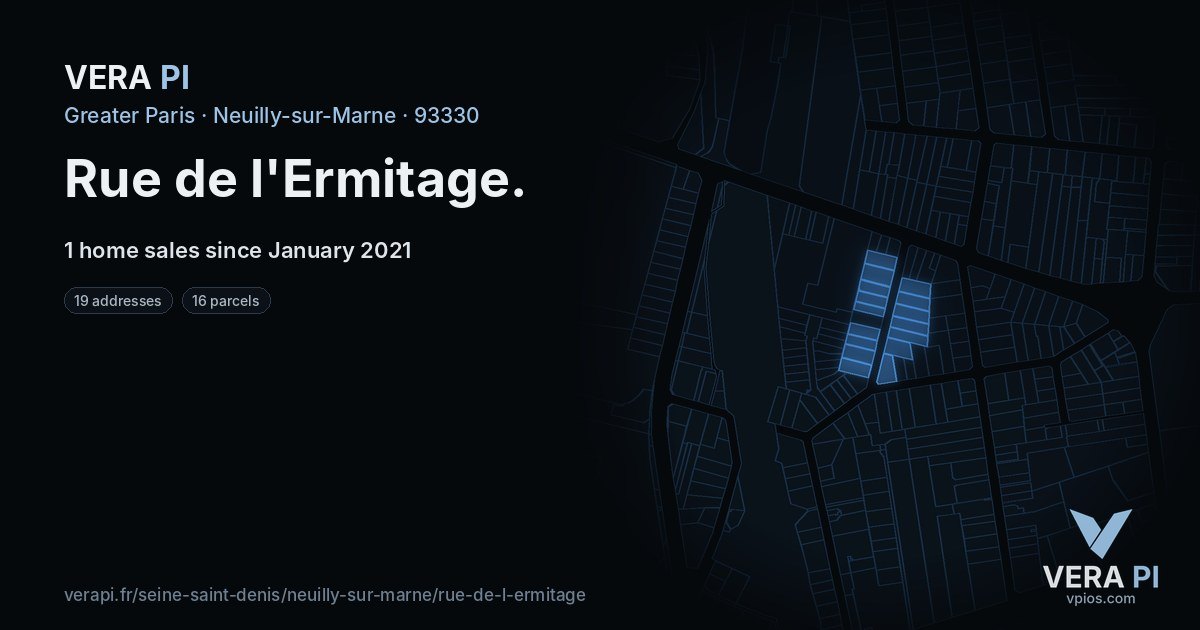 Rue de l'Ermitage, Neuilly-sur-Marne at night – every parcel coloured by the prices around it, the street's own parcels lit