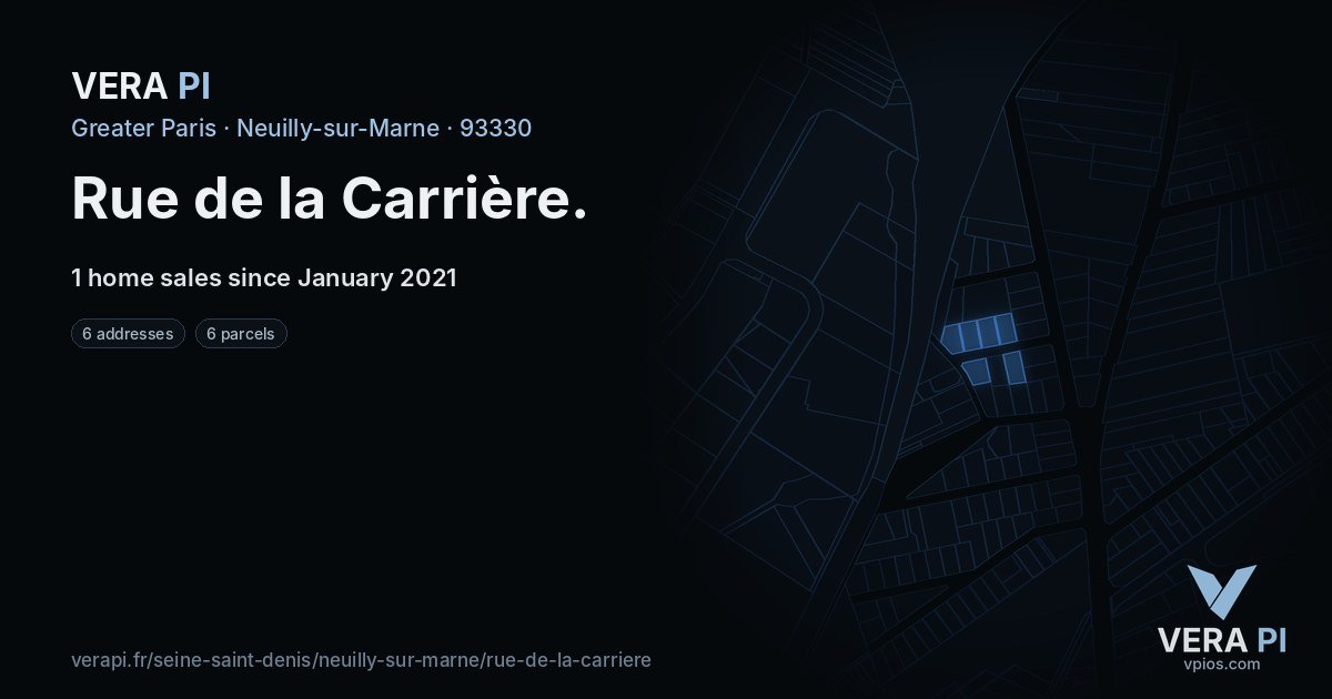 Rue de la Carrière, Neuilly-sur-Marne at night – every parcel coloured by the prices around it, the street's own parcels lit