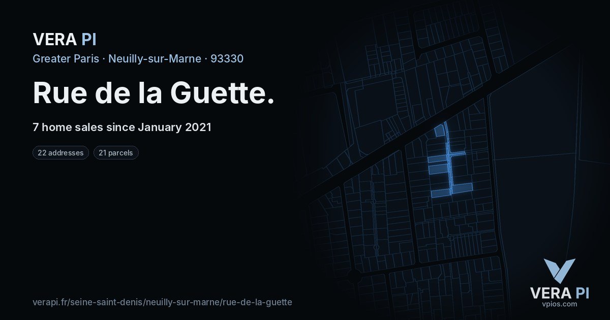 Rue de la Guette, Neuilly-sur-Marne at night – every parcel coloured by the prices around it, the street's own parcels lit