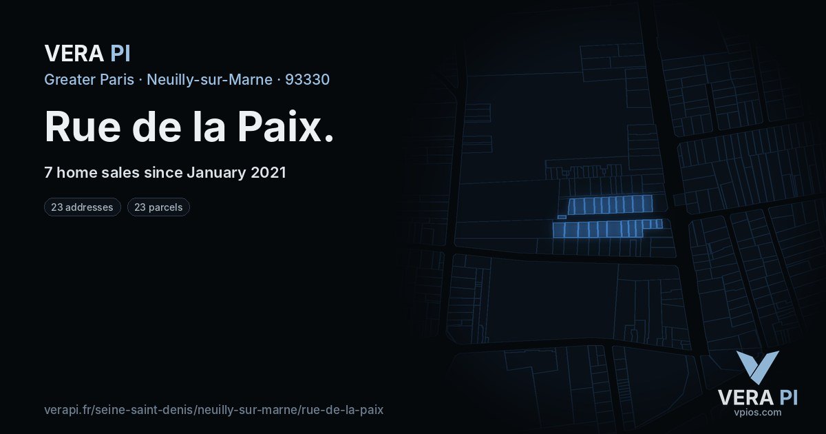 Rue de la Paix, Neuilly-sur-Marne at night – every parcel coloured by the prices around it, the street's own parcels lit