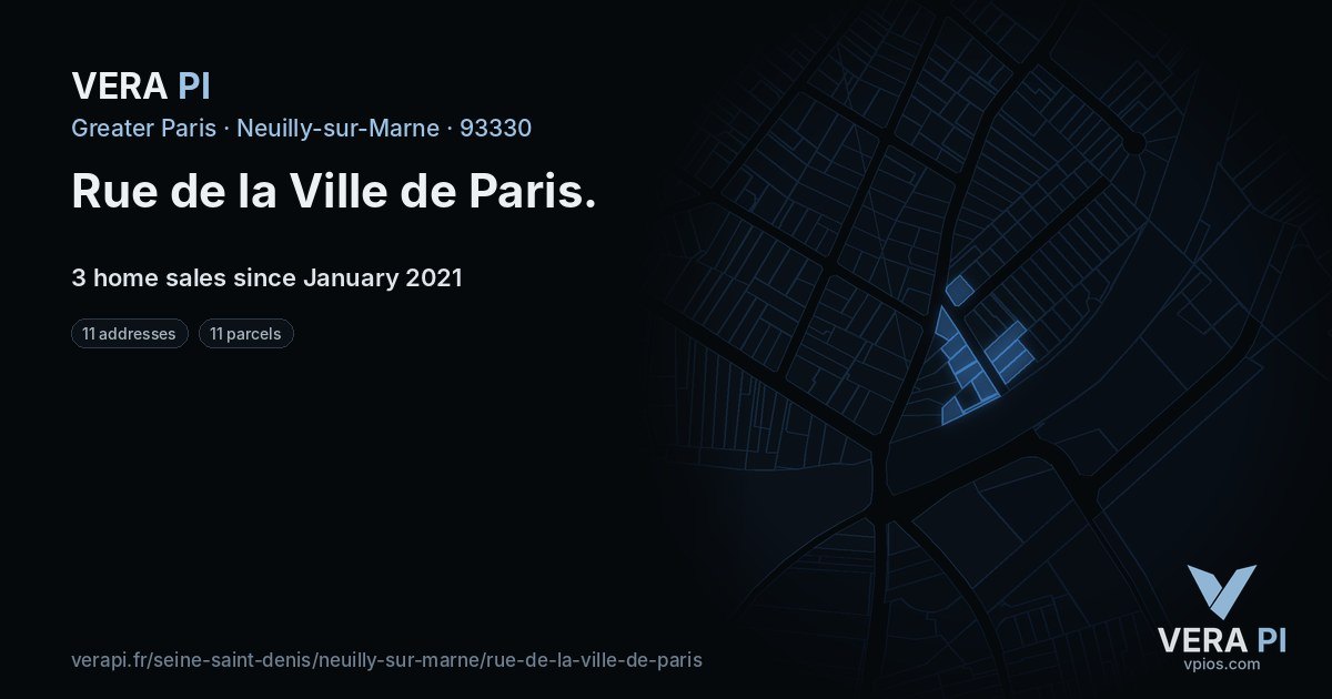 Rue de la Ville de Paris, Neuilly-sur-Marne at night – every parcel coloured by the prices around it, the street's own parcels lit