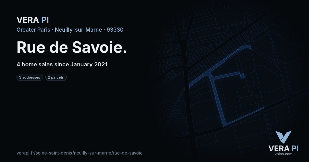 Rue de Savoie, Neuilly-sur-Marne at night – every parcel coloured by the prices around it, the street's own parcels lit