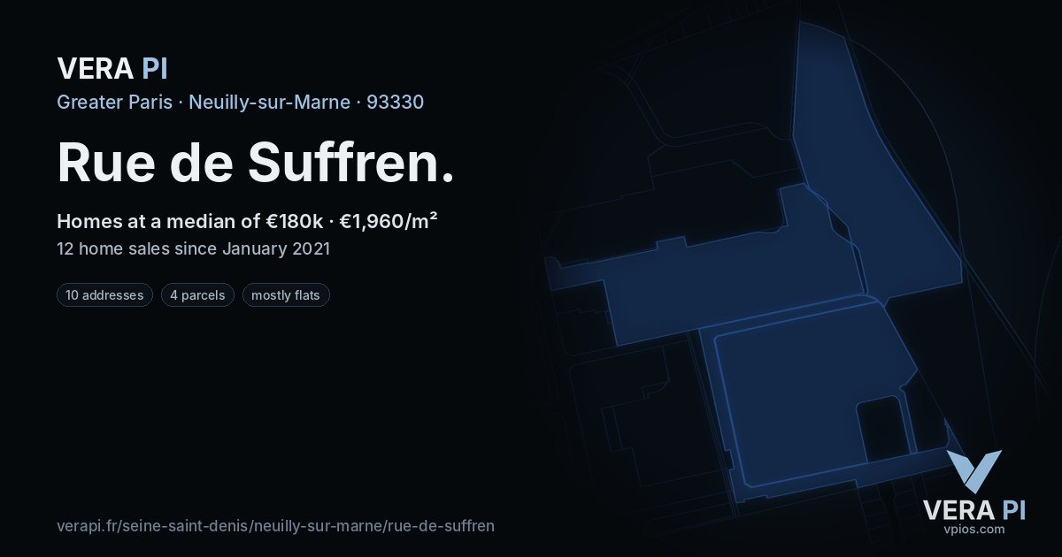 Rue de Suffren, Neuilly-sur-Marne at night – every parcel coloured by the prices around it, the street's own parcels lit