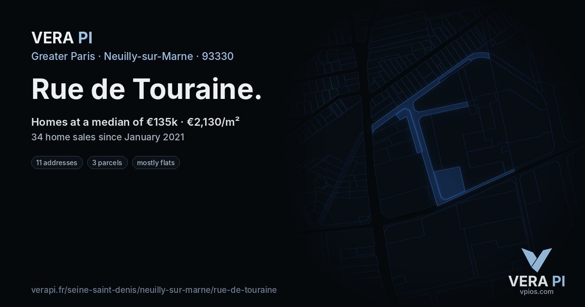 Rue de Touraine, Neuilly-sur-Marne at night – every parcel coloured by the prices around it, the street's own parcels lit