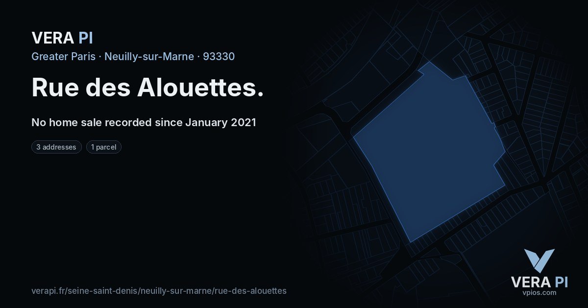 Rue des Alouettes, Neuilly-sur-Marne at night – every parcel coloured by the prices around it, the street's own parcels lit