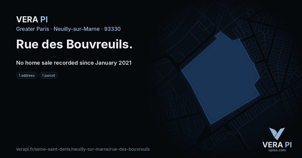 Rue des Bouvreuils, Neuilly-sur-Marne at night – every parcel coloured by the prices around it, the street's own parcels lit