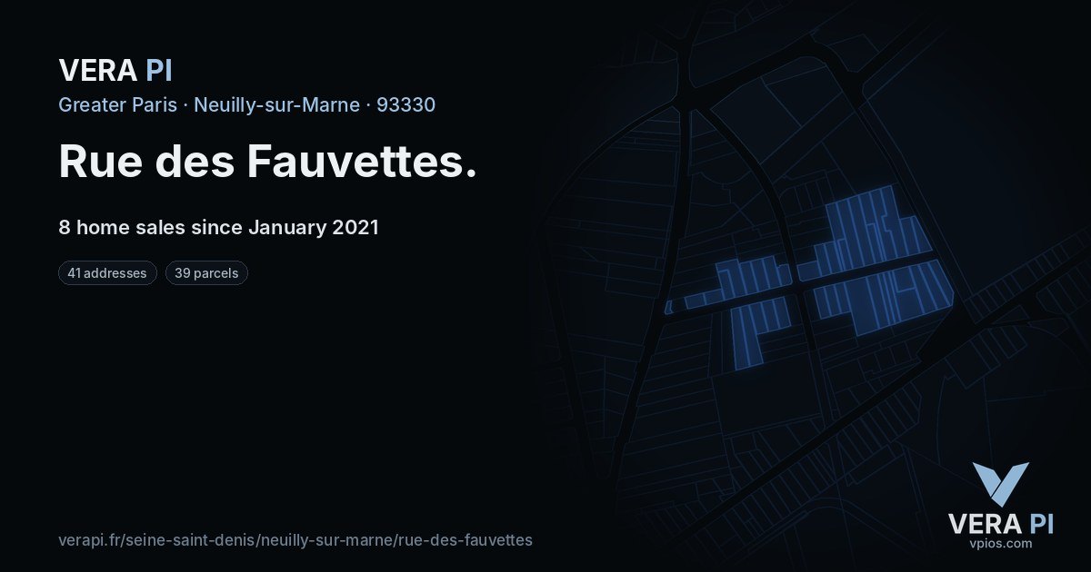 Rue des Fauvettes, Neuilly-sur-Marne at night – every parcel coloured by the prices around it, the street's own parcels lit