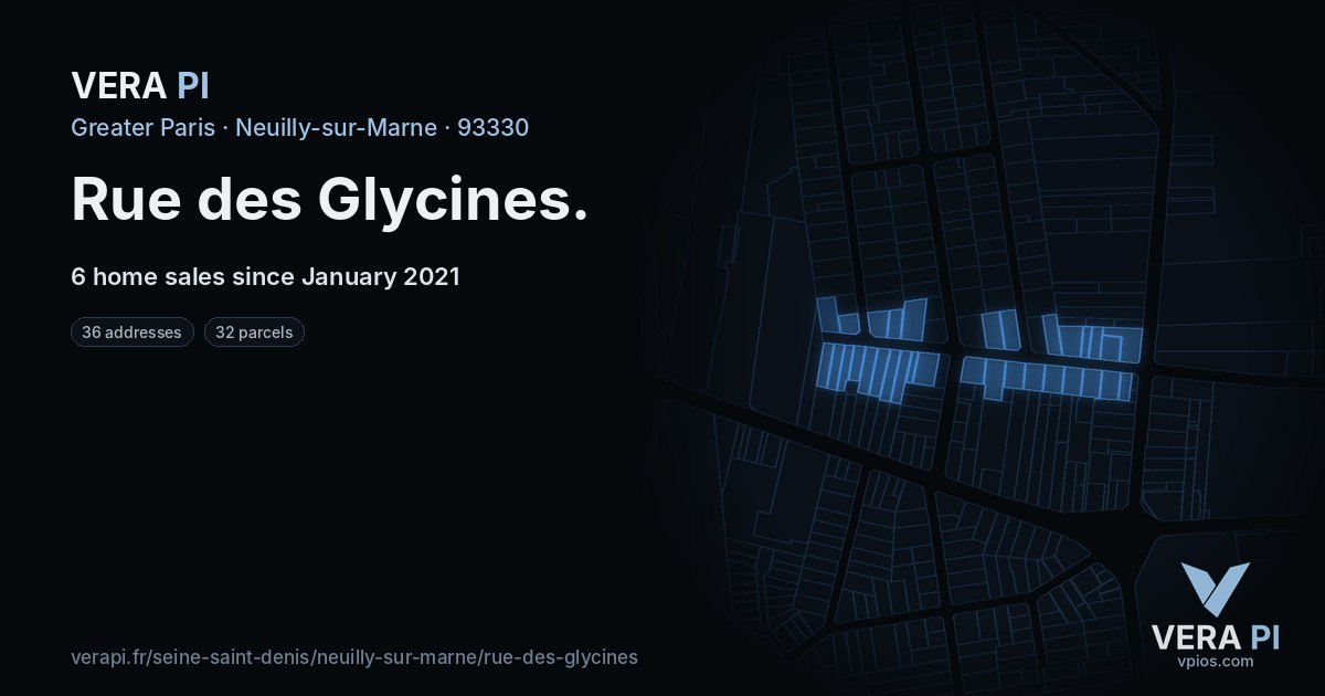 Rue des Glycines, Neuilly-sur-Marne at night – every parcel coloured by the prices around it, the street's own parcels lit
