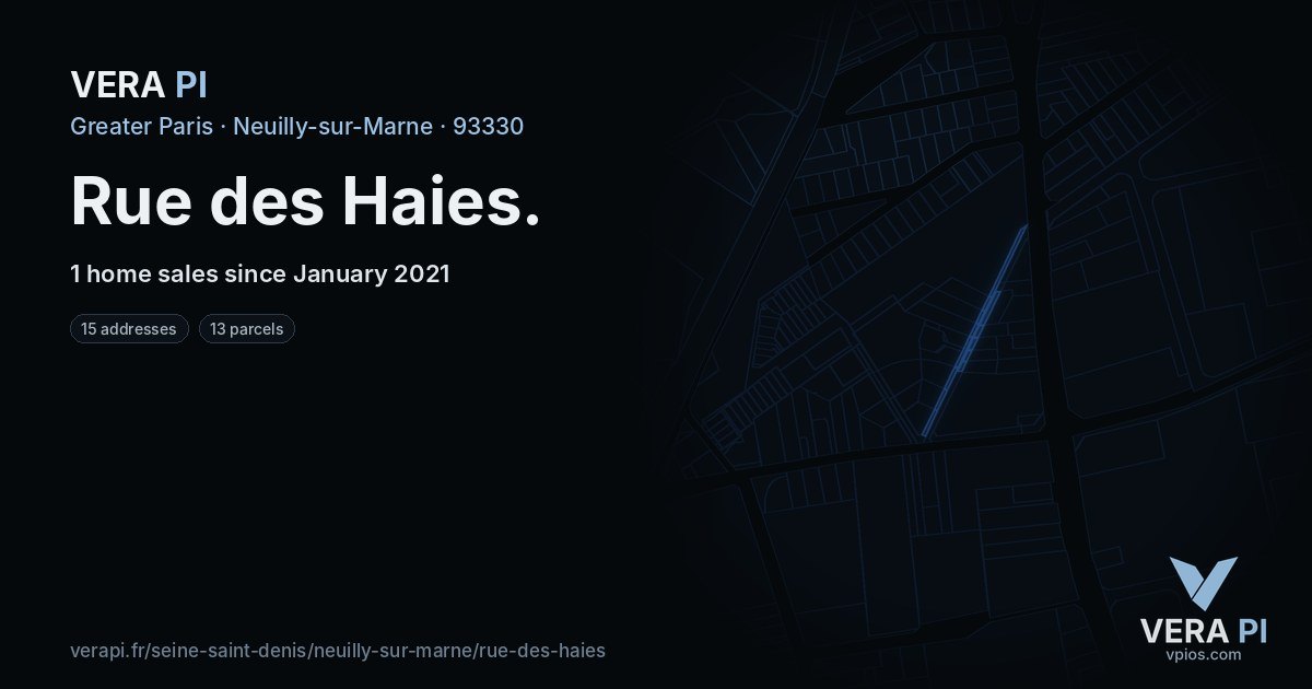 Rue des Haies, Neuilly-sur-Marne at night – every parcel coloured by the prices around it, the street's own parcels lit