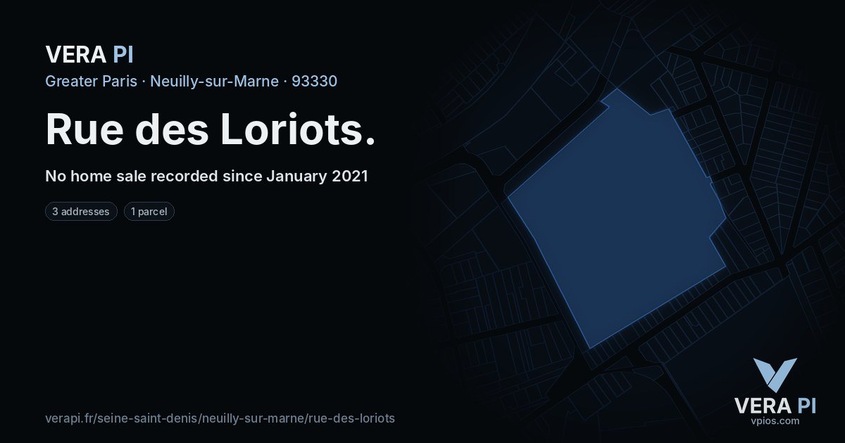 Rue des Loriots, Neuilly-sur-Marne at night – every parcel coloured by the prices around it, the street's own parcels lit