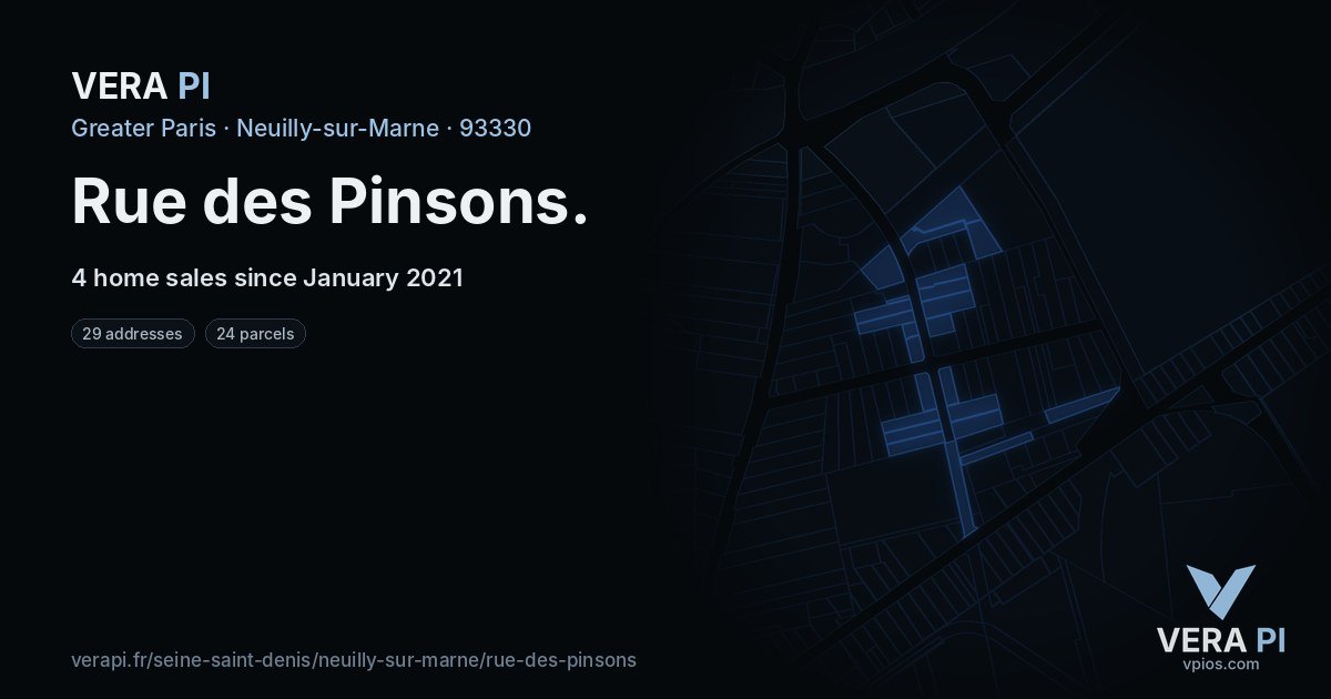 Rue des Pinsons, Neuilly-sur-Marne at night – every parcel coloured by the prices around it, the street's own parcels lit
