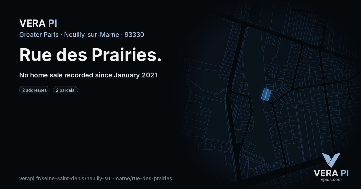 Rue des Prairies, Neuilly-sur-Marne at night – every parcel coloured by the prices around it, the street's own parcels lit