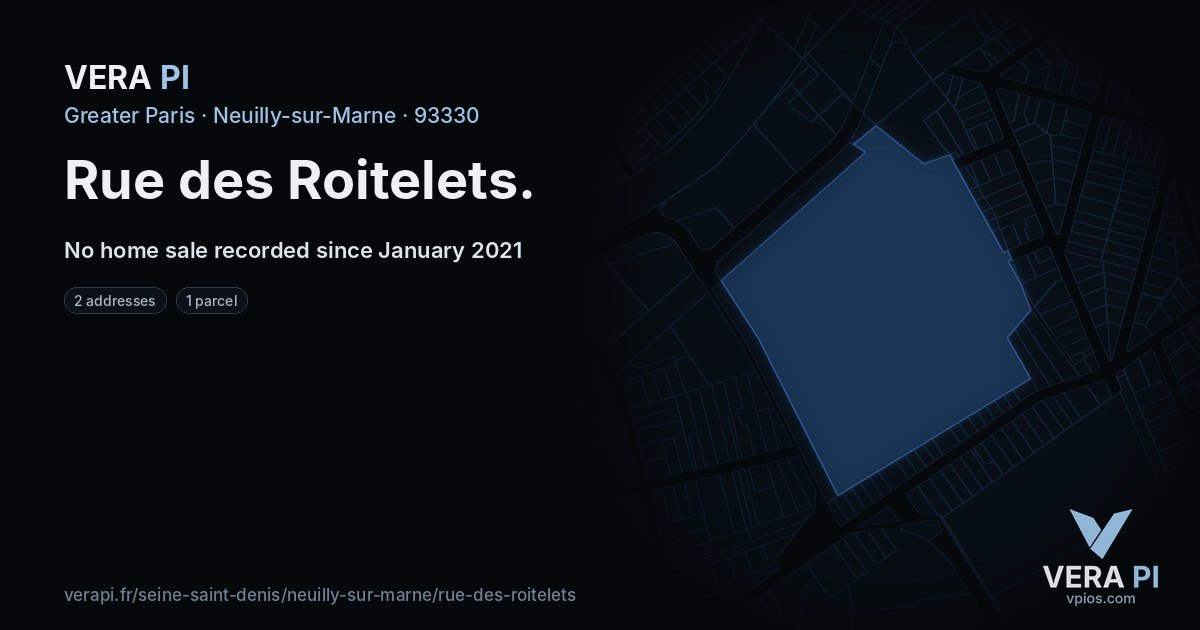 Rue des Roitelets, Neuilly-sur-Marne at night – every parcel coloured by the prices around it, the street's own parcels lit