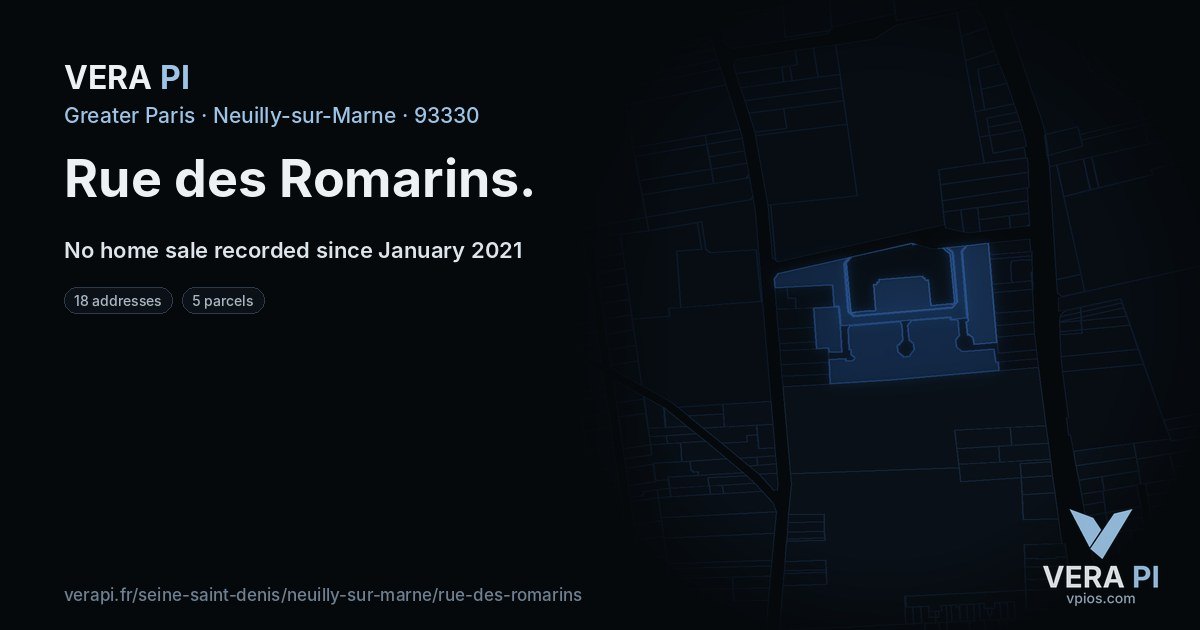 Rue des Romarins, Neuilly-sur-Marne at night – every parcel coloured by the prices around it, the street's own parcels lit