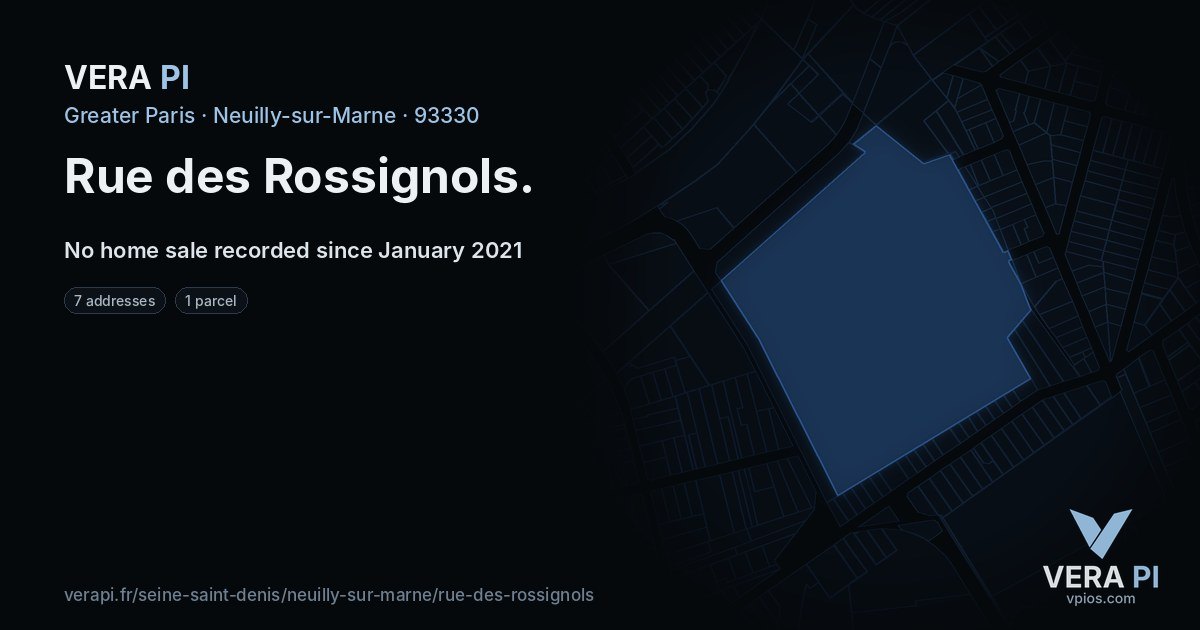 Rue des Rossignols, Neuilly-sur-Marne at night – every parcel coloured by the prices around it, the street's own parcels lit