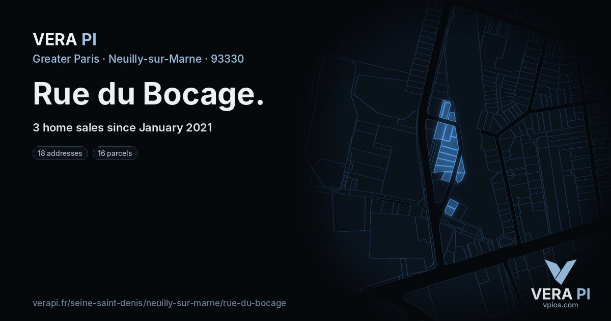 Rue du Bocage, Neuilly-sur-Marne at night – every parcel coloured by the prices around it, the street's own parcels lit