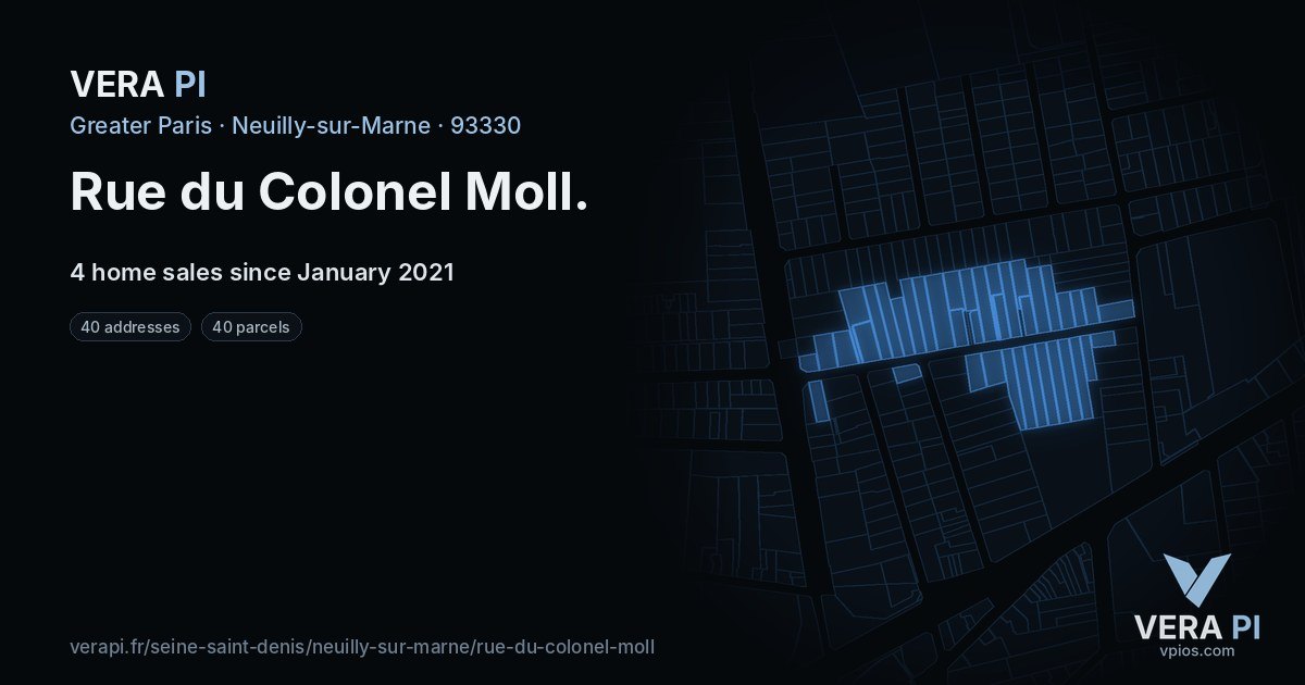 Rue du Colonel Moll, Neuilly-sur-Marne at night – every parcel coloured by the prices around it, the street's own parcels lit