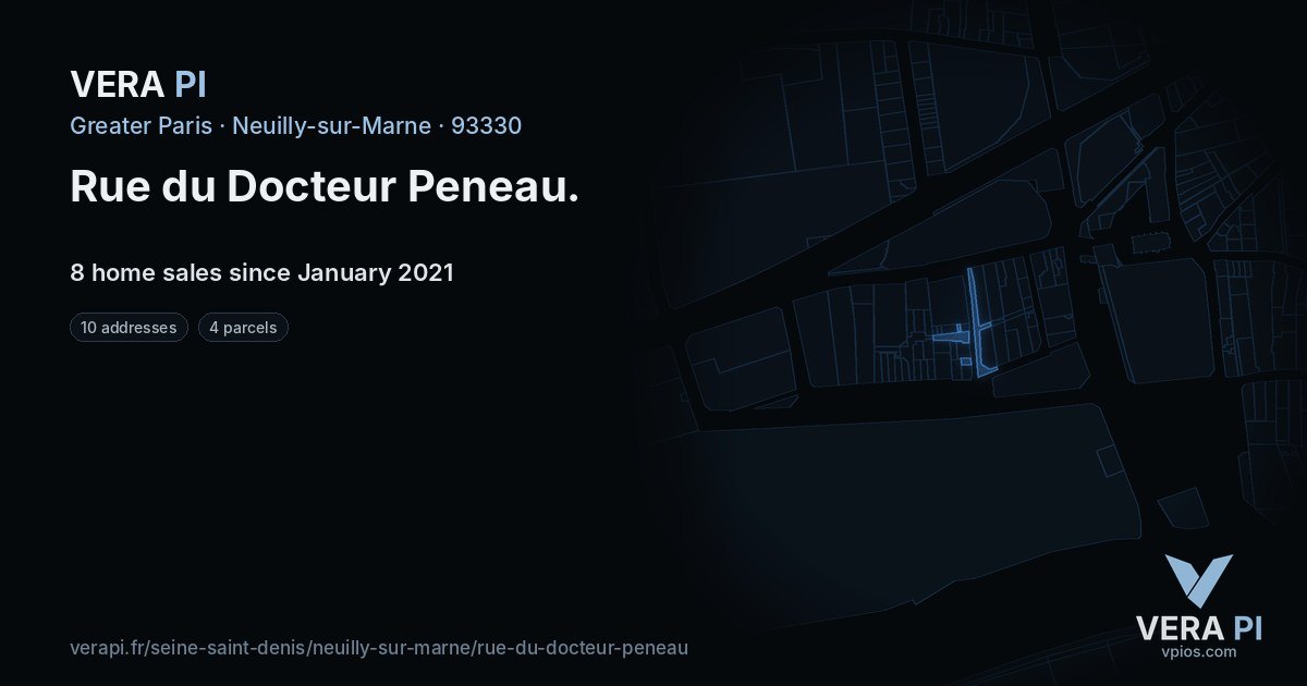 Rue du Docteur Peneau, Neuilly-sur-Marne at night – every parcel coloured by the prices around it, the street's own parcels lit