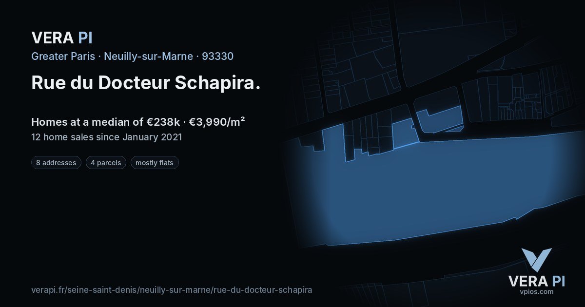 Rue du Docteur Schapira, Neuilly-sur-Marne at night – every parcel coloured by the prices around it, the street's own parcels lit