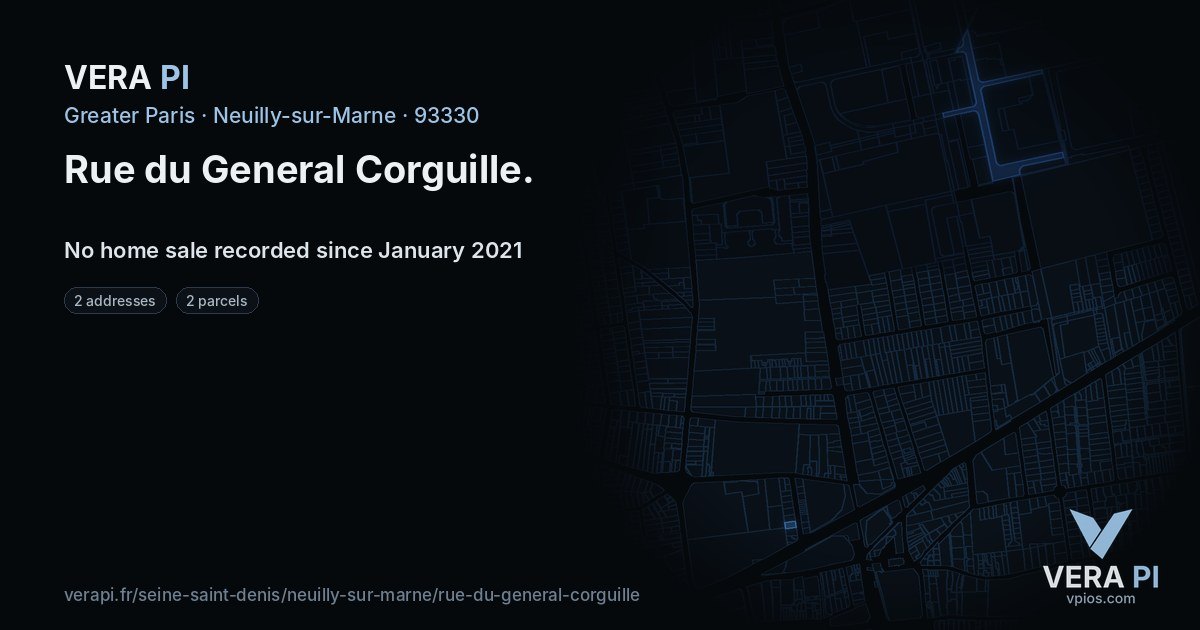 Rue du General Corguille, Neuilly-sur-Marne at night – every parcel coloured by the prices around it, the street's own parcels lit