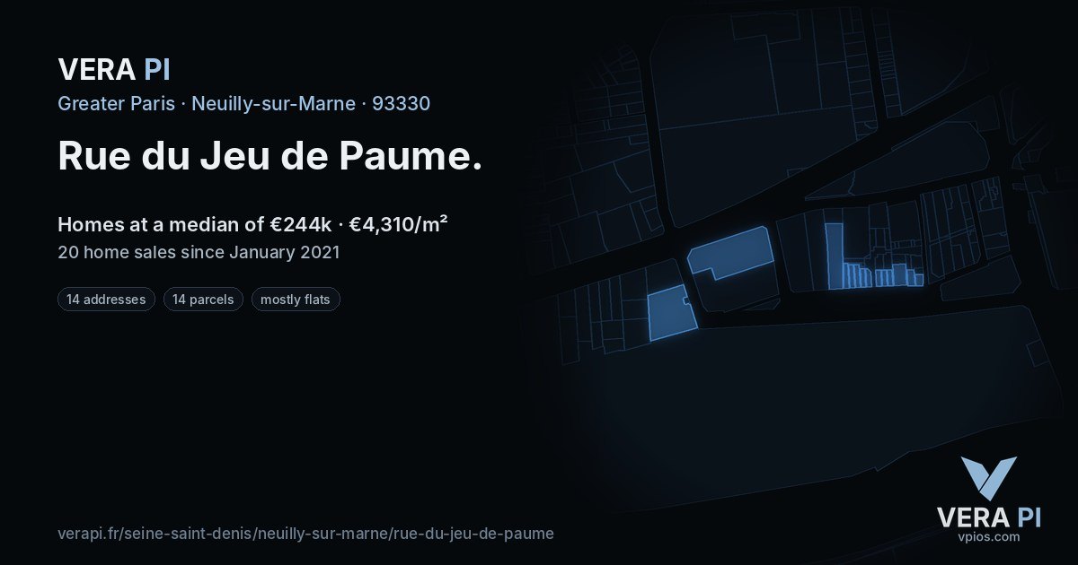 Rue du Jeu de Paume, Neuilly-sur-Marne at night – every parcel coloured by the prices around it, the street's own parcels lit