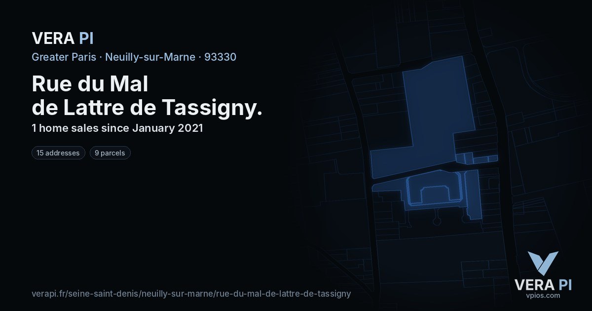 Rue du Mal de Lattre de Tassigny, Neuilly-sur-Marne at night – every parcel coloured by the prices around it, the street's own parcels lit