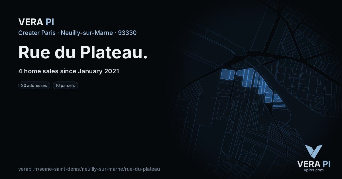 Rue du Plateau, Neuilly-sur-Marne at night – every parcel coloured by the prices around it, the street's own parcels lit