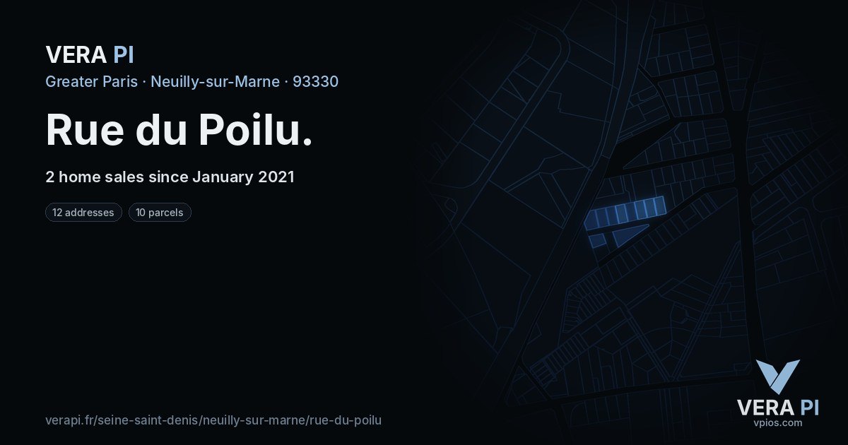 Rue du Poilu, Neuilly-sur-Marne at night – every parcel coloured by the prices around it, the street's own parcels lit