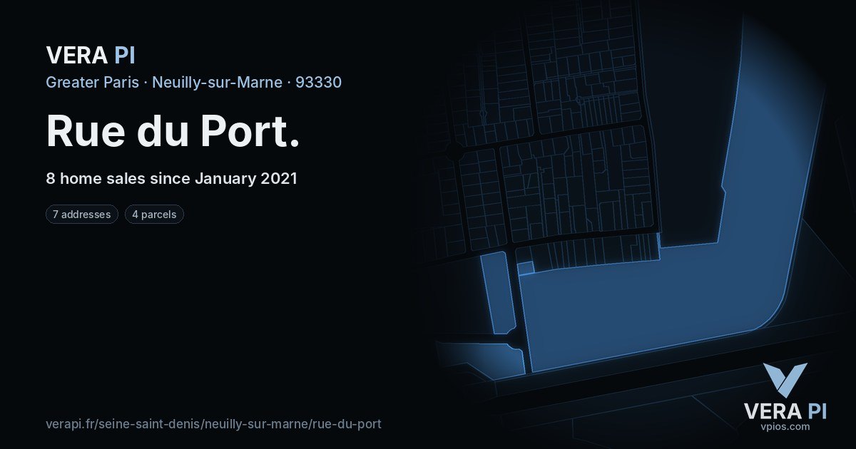Rue du Port, Neuilly-sur-Marne at night – every parcel coloured by the prices around it, the street's own parcels lit