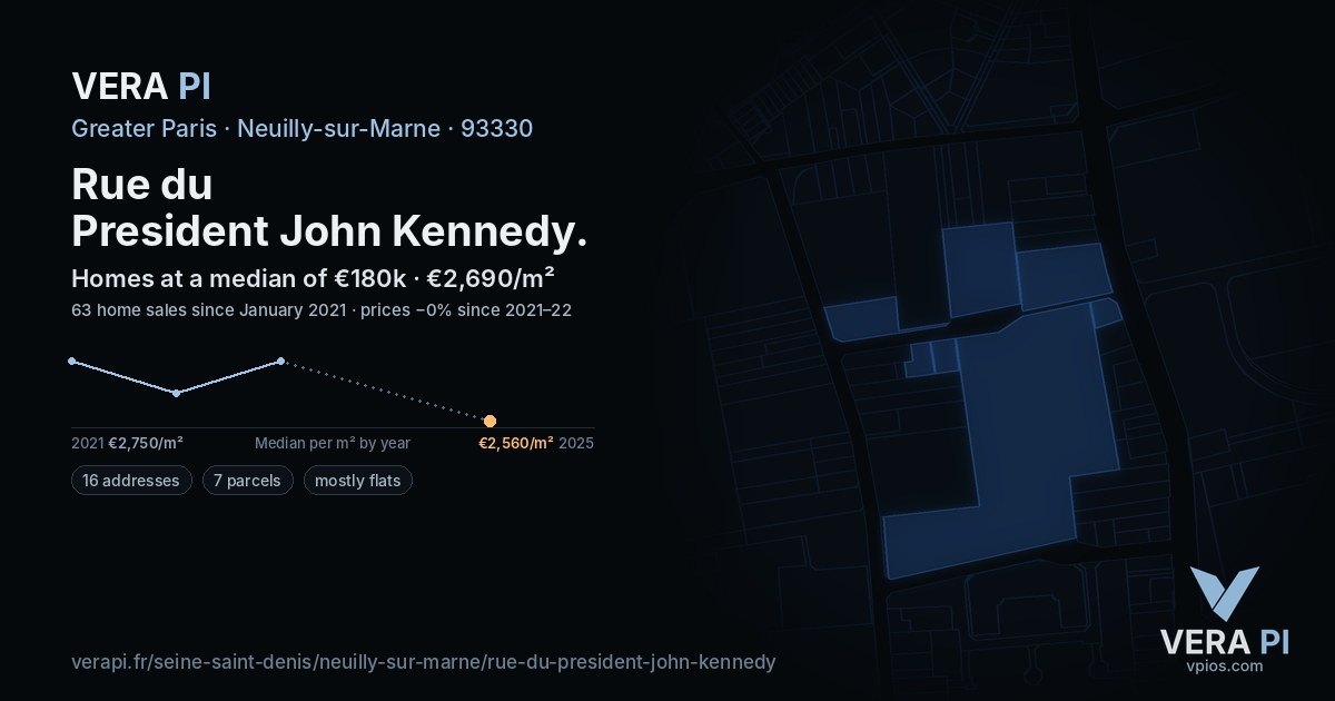 Rue du President John Kennedy, Neuilly-sur-Marne at night – every parcel coloured by the prices around it, the street's own parcels lit