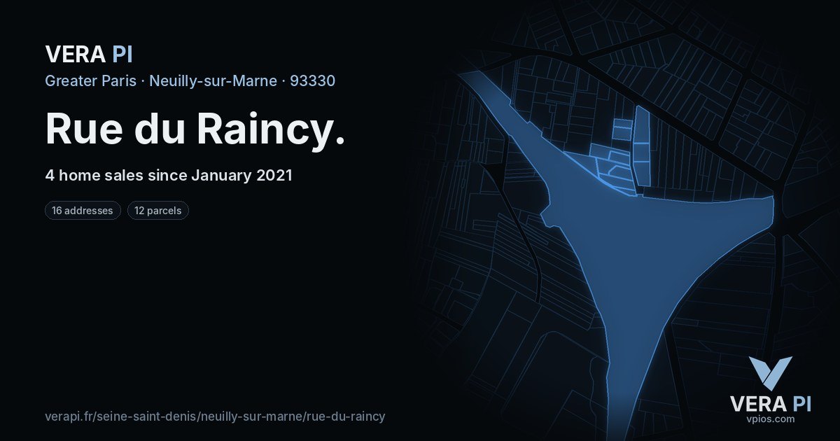 Rue du Raincy, Neuilly-sur-Marne at night – every parcel coloured by the prices around it, the street's own parcels lit