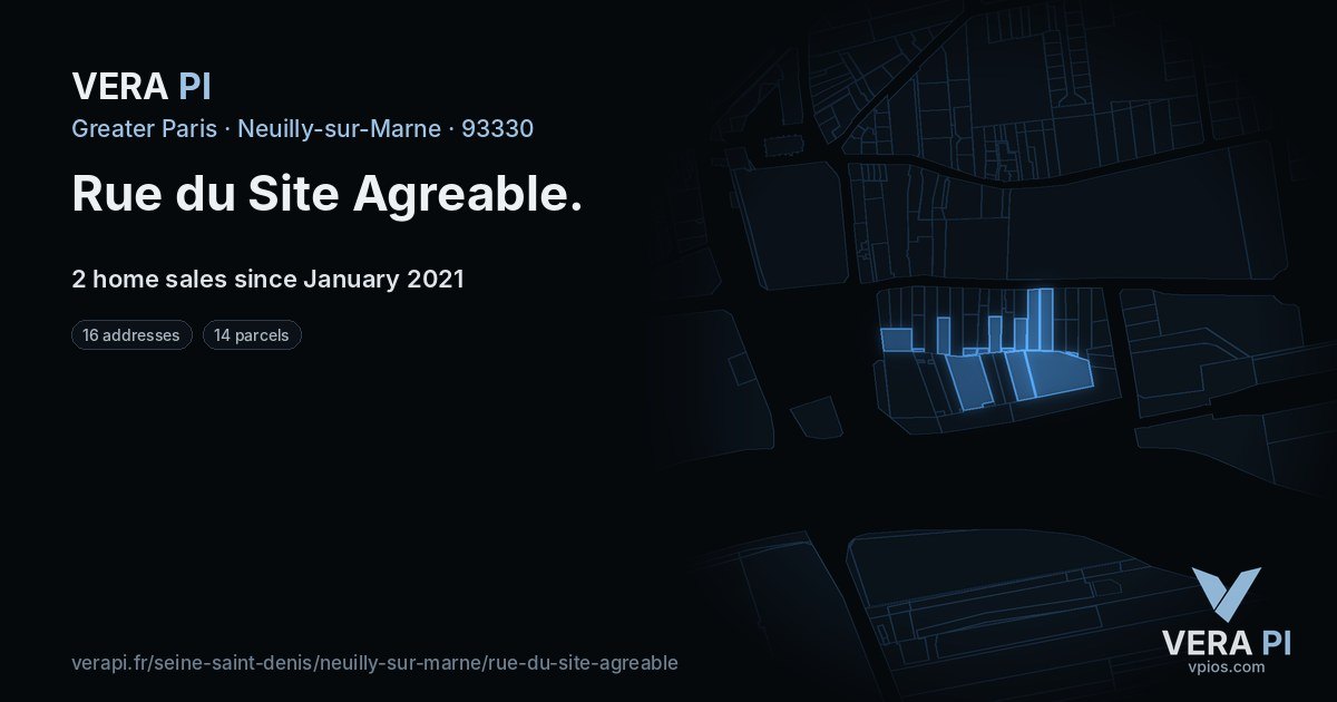 Rue du Site Agreable, Neuilly-sur-Marne at night – every parcel coloured by the prices around it, the street's own parcels lit