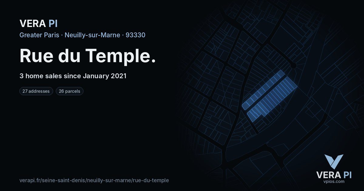 Rue du Temple, Neuilly-sur-Marne at night – every parcel coloured by the prices around it, the street's own parcels lit