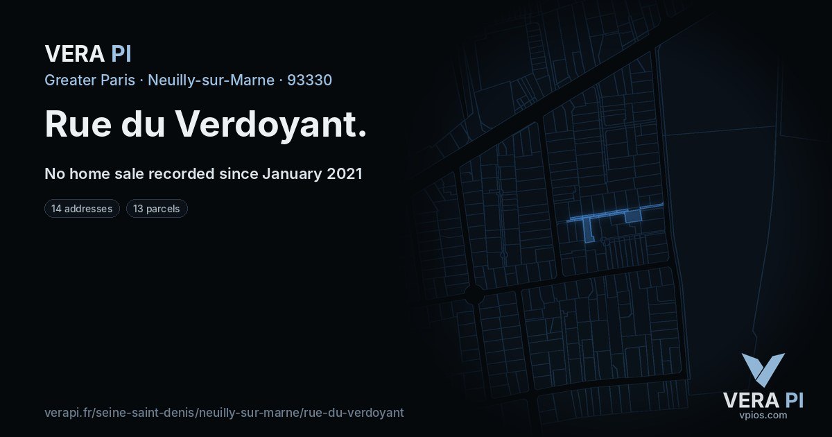 Rue du Verdoyant, Neuilly-sur-Marne at night – every parcel coloured by the prices around it, the street's own parcels lit
