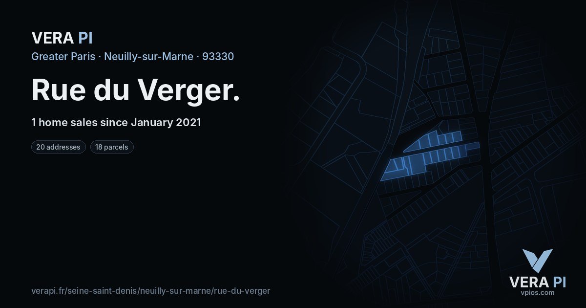 Rue du Verger, Neuilly-sur-Marne at night – every parcel coloured by the prices around it, the street's own parcels lit