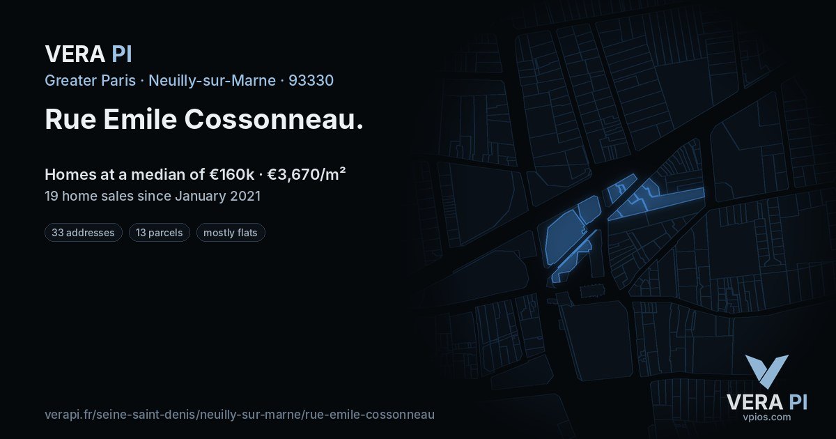 Rue Emile Cossonneau, Neuilly-sur-Marne at night – every parcel coloured by the prices around it, the street's own parcels lit
