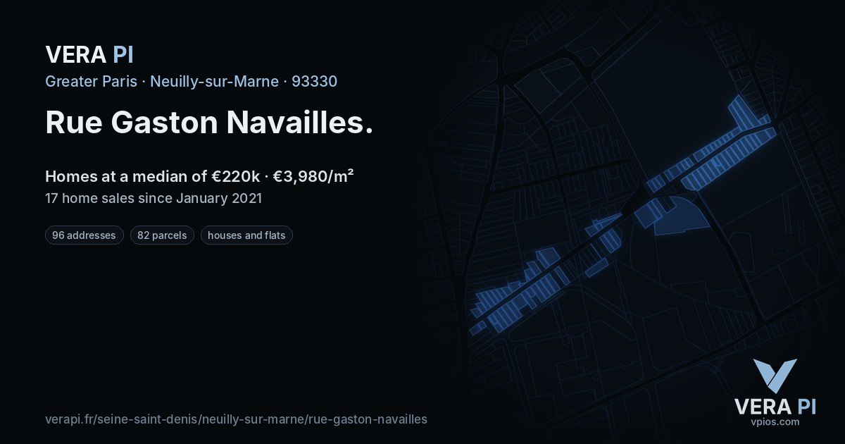 Rue Gaston Navailles, Neuilly-sur-Marne at night – every parcel coloured by the prices around it, the street's own parcels lit